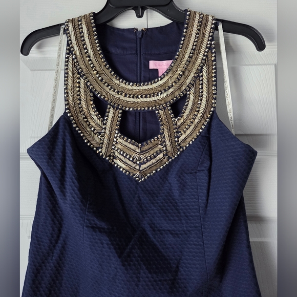 Lilly Pulitzer Carlton Shift Navy Dress with Embellished Neckline Size 6 - Picture 3 of 13